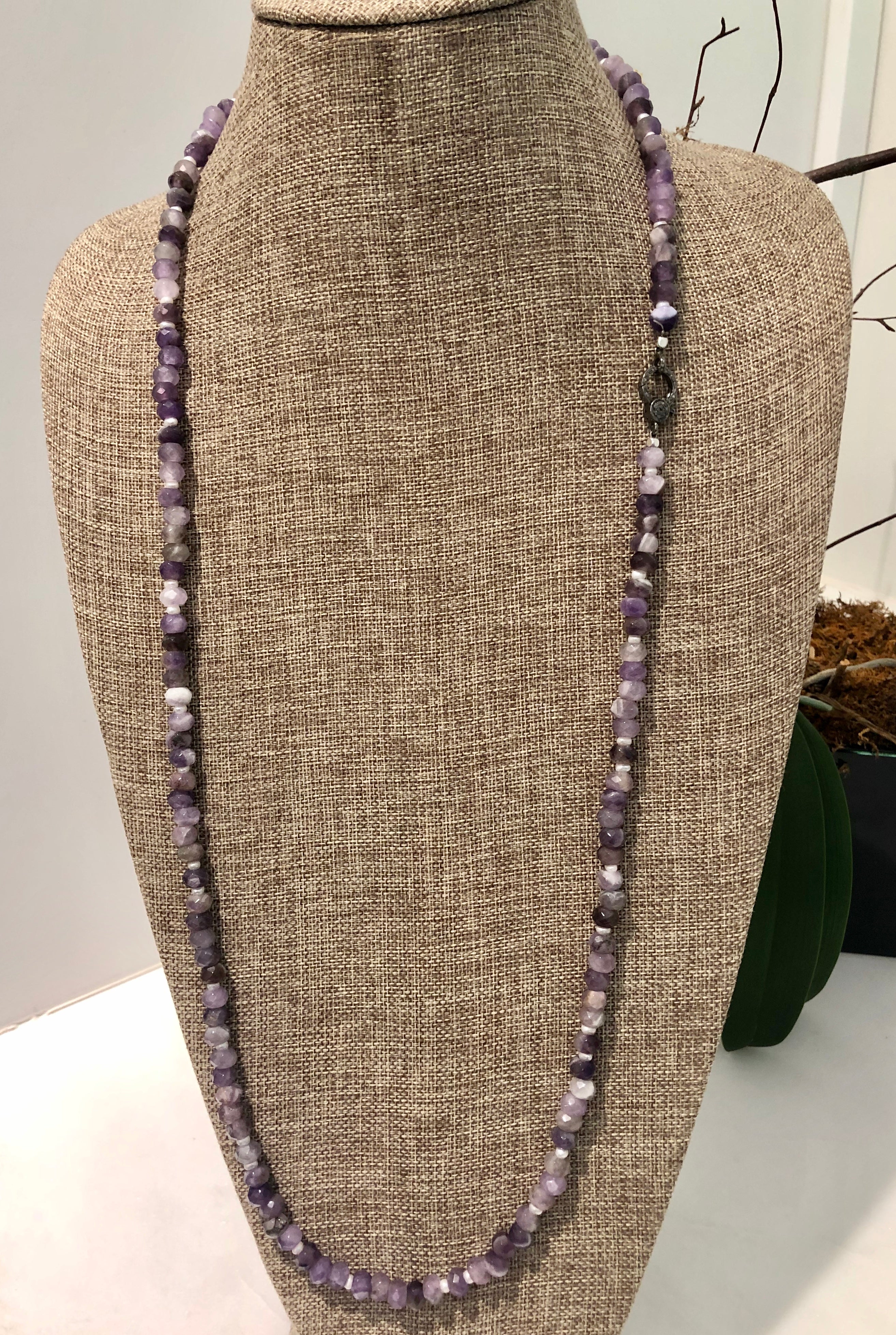 amethyst, pearl and pave diamond hook necklace