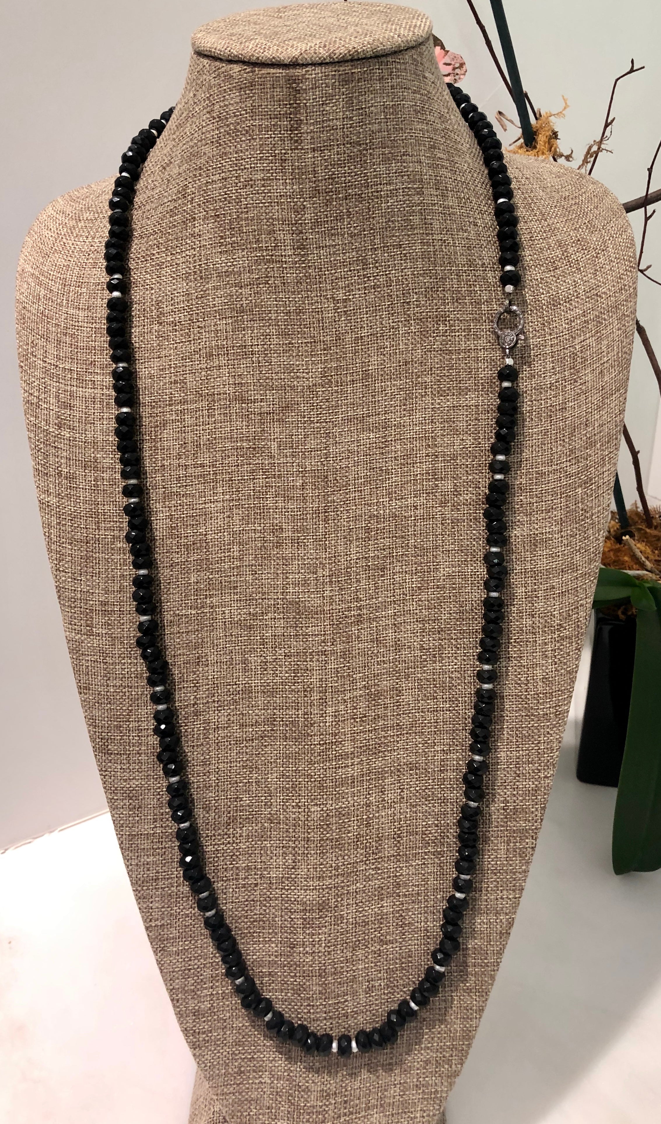 black obsidian, pearl and pave diamond hook necklace