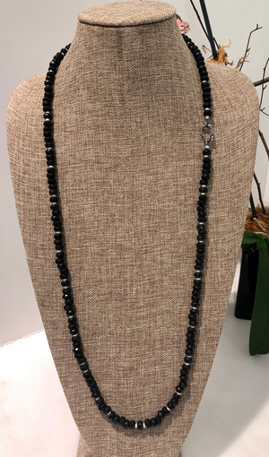 black obsidian, pearl and pave diamond hook necklace