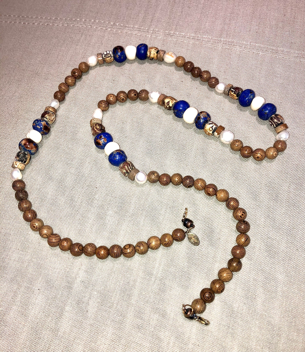 freshwater baroque pearl, wood, royal blue bone and sodalite mask chain and necklace