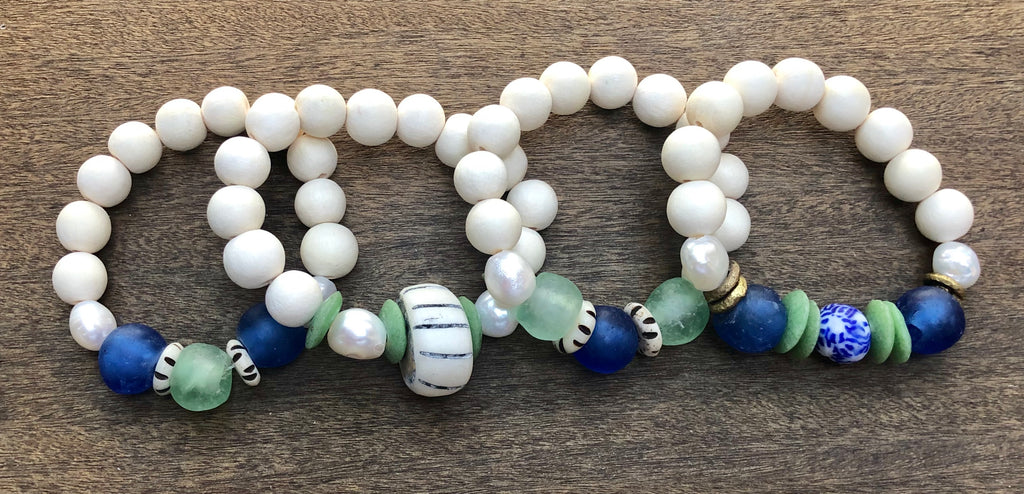 blue african trade bead, white wood, and freshwater baroque pearl bracelet