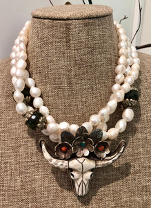 freshwater baroque pearl, agate and longhorn flower necklace