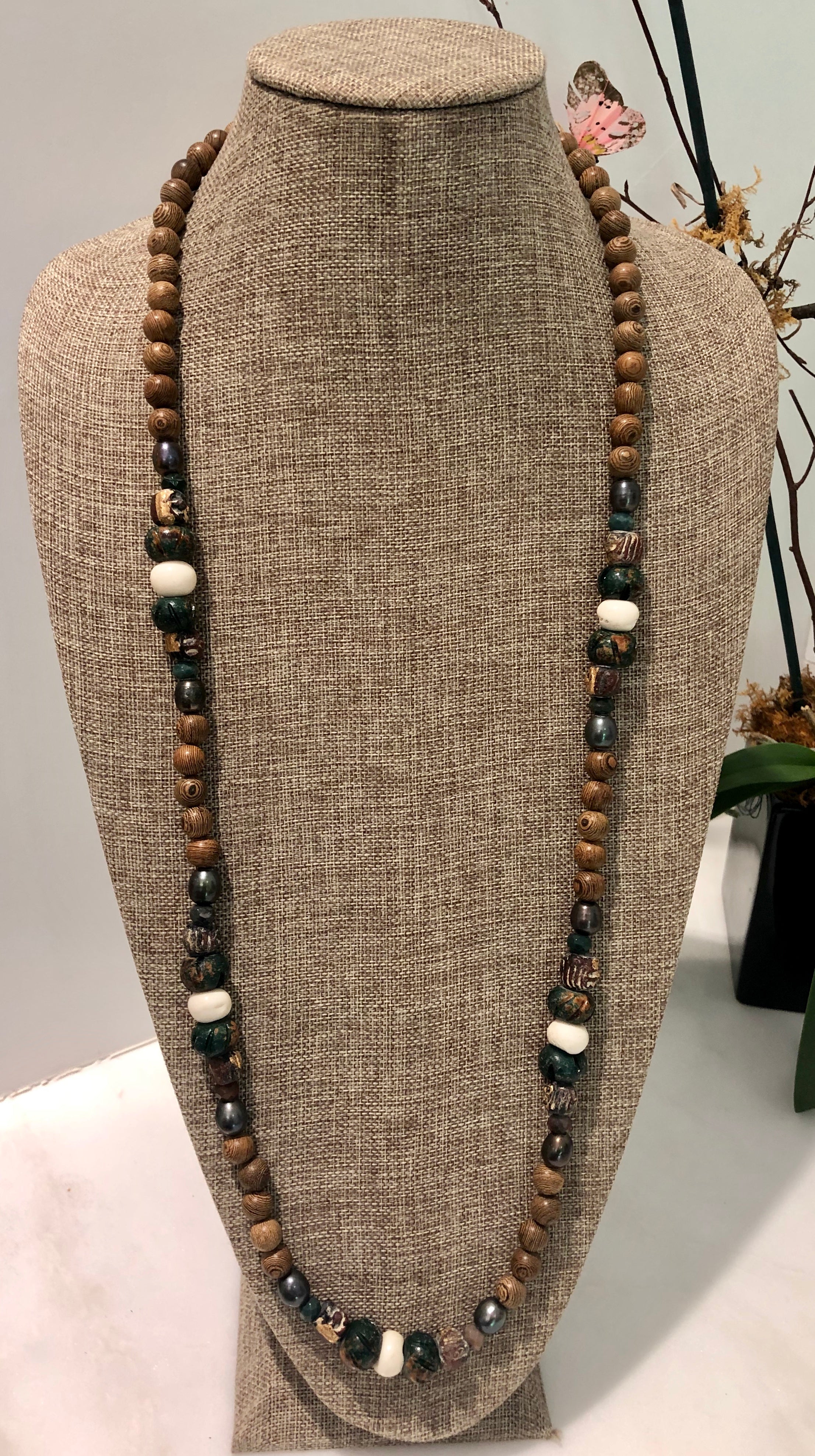 freshwater baroque pearl, wood, green bone and jasper necklace