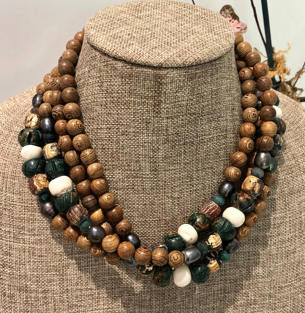freshwater baroque pearl, wood, green bone and jasper necklace
