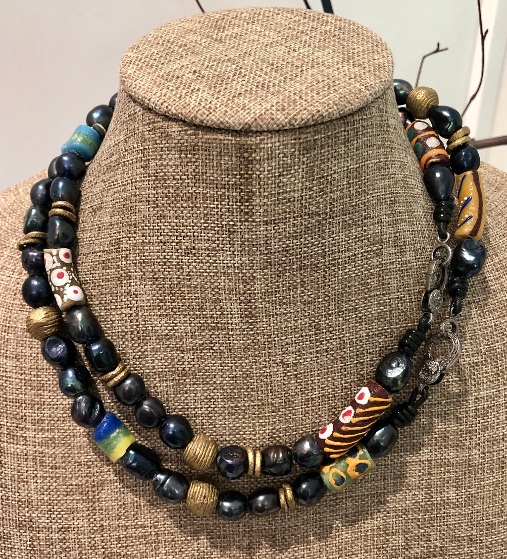 african beads and pave diamond necklace