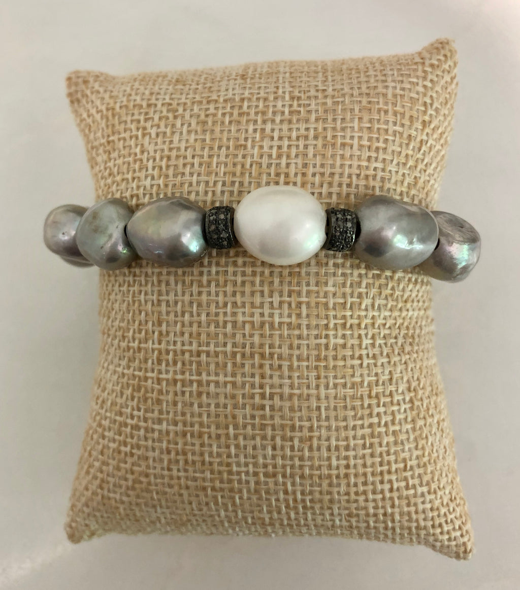 silver and white pearl diamond rondelle bracelet