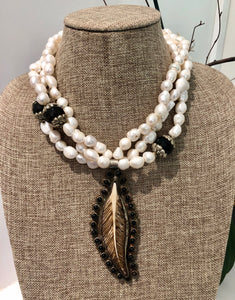 freshwater baroque pearl, agate and black feather necklace