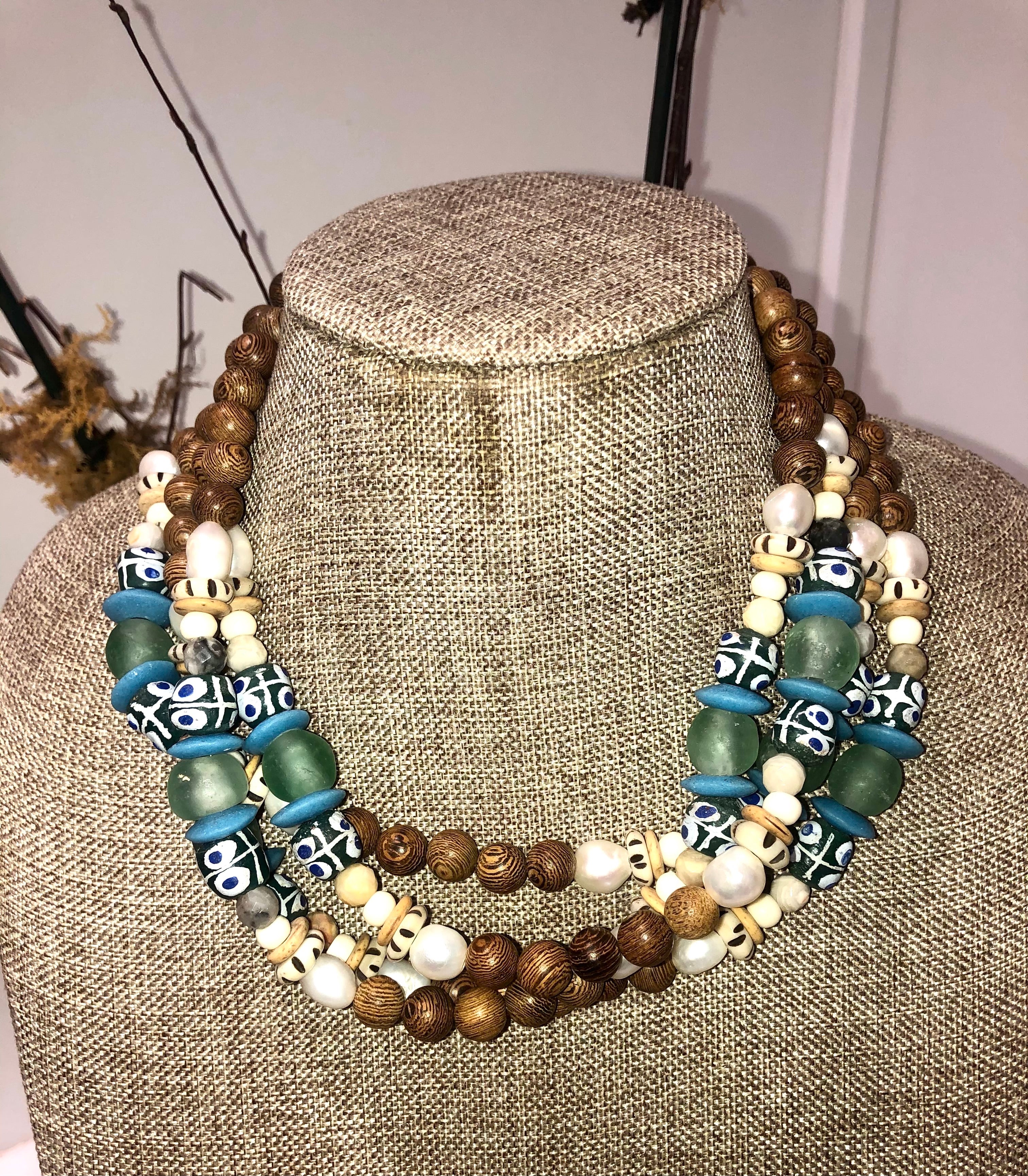 freshwater baroque pearl, wood, green krobo african bead and jasper necklace