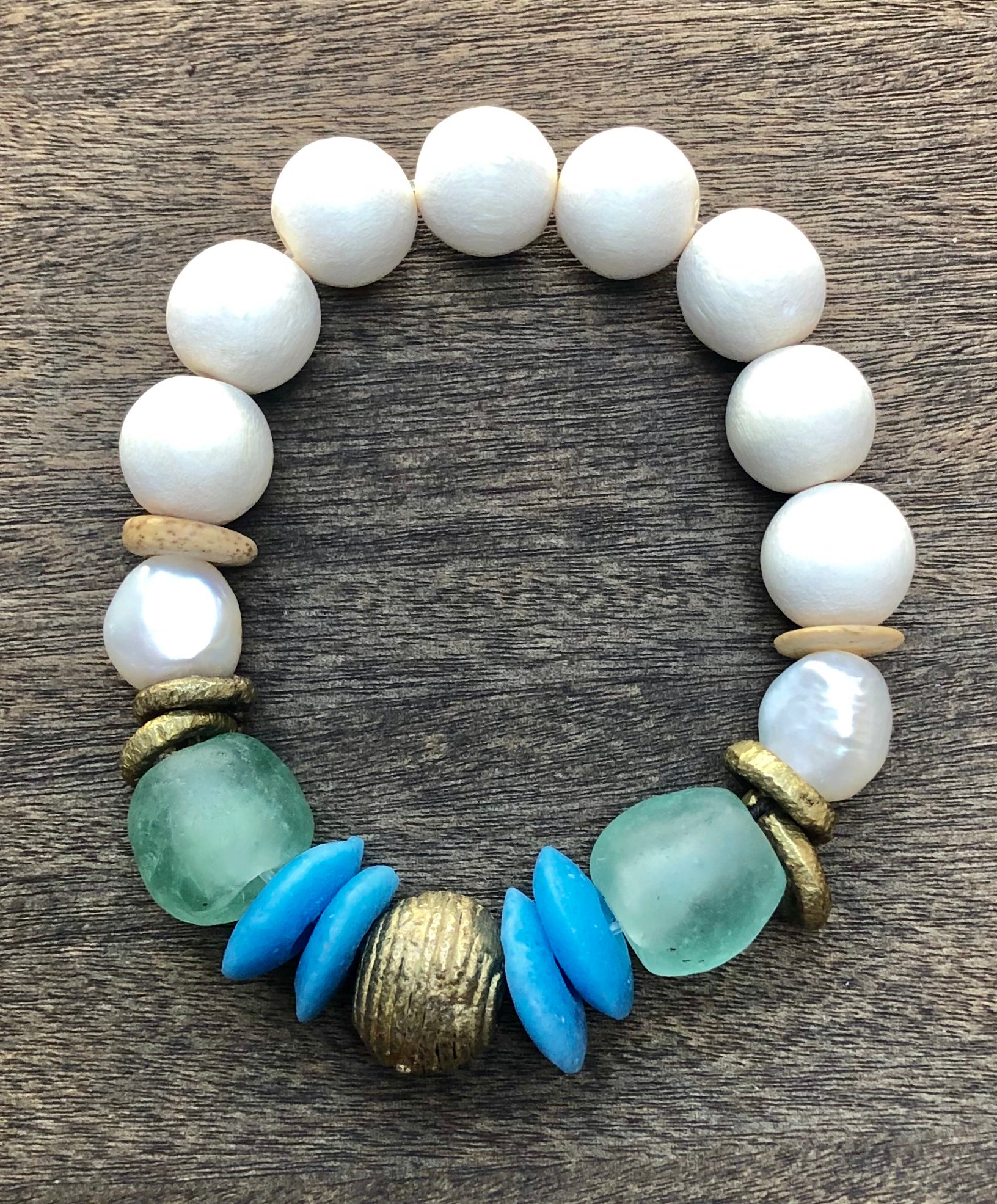 green african trade bead, white wood, and freshwater baroque pearl bracelet
