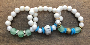 green african trade bead, white wood, and freshwater baroque pearl bracelet