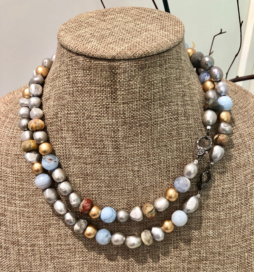 silver pearl with agate and diamond necklace