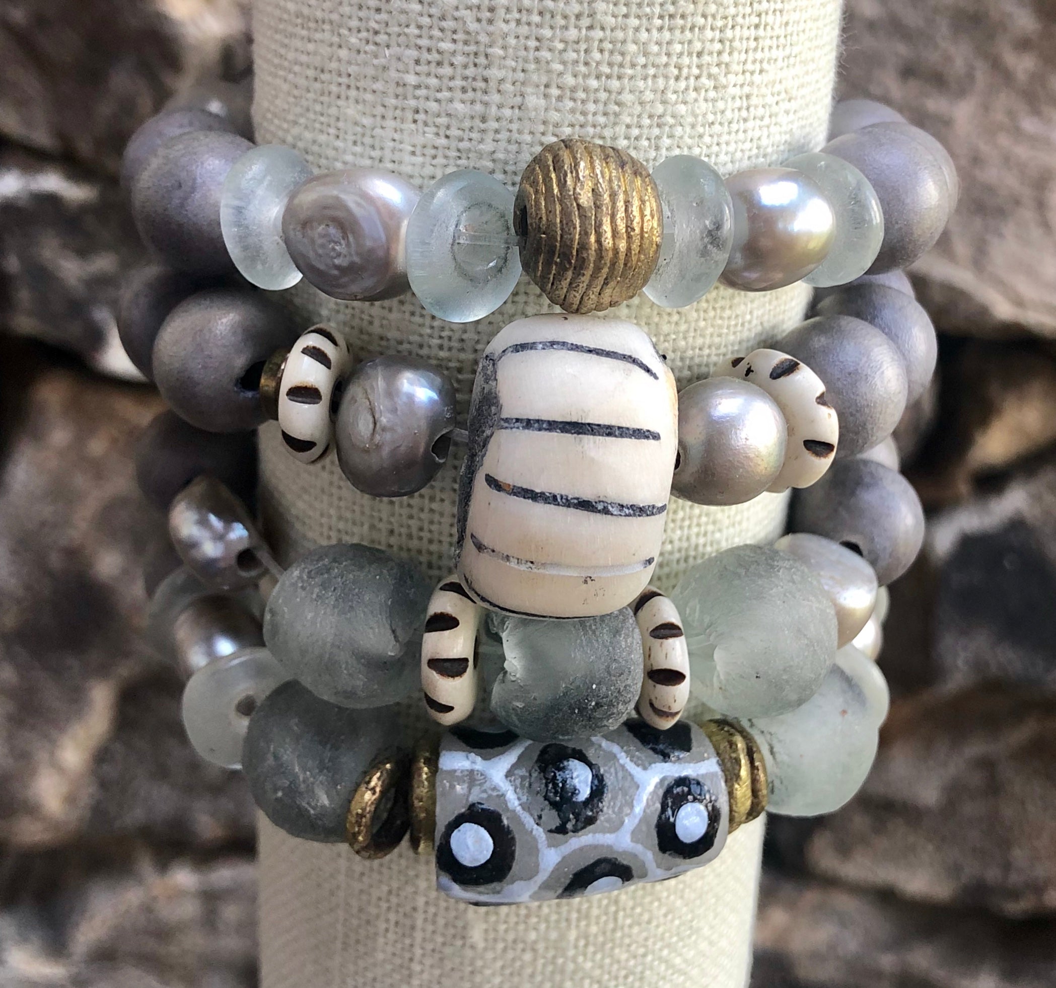 grey wood, silver freshwater baroque pearl and african trade bead bracelet