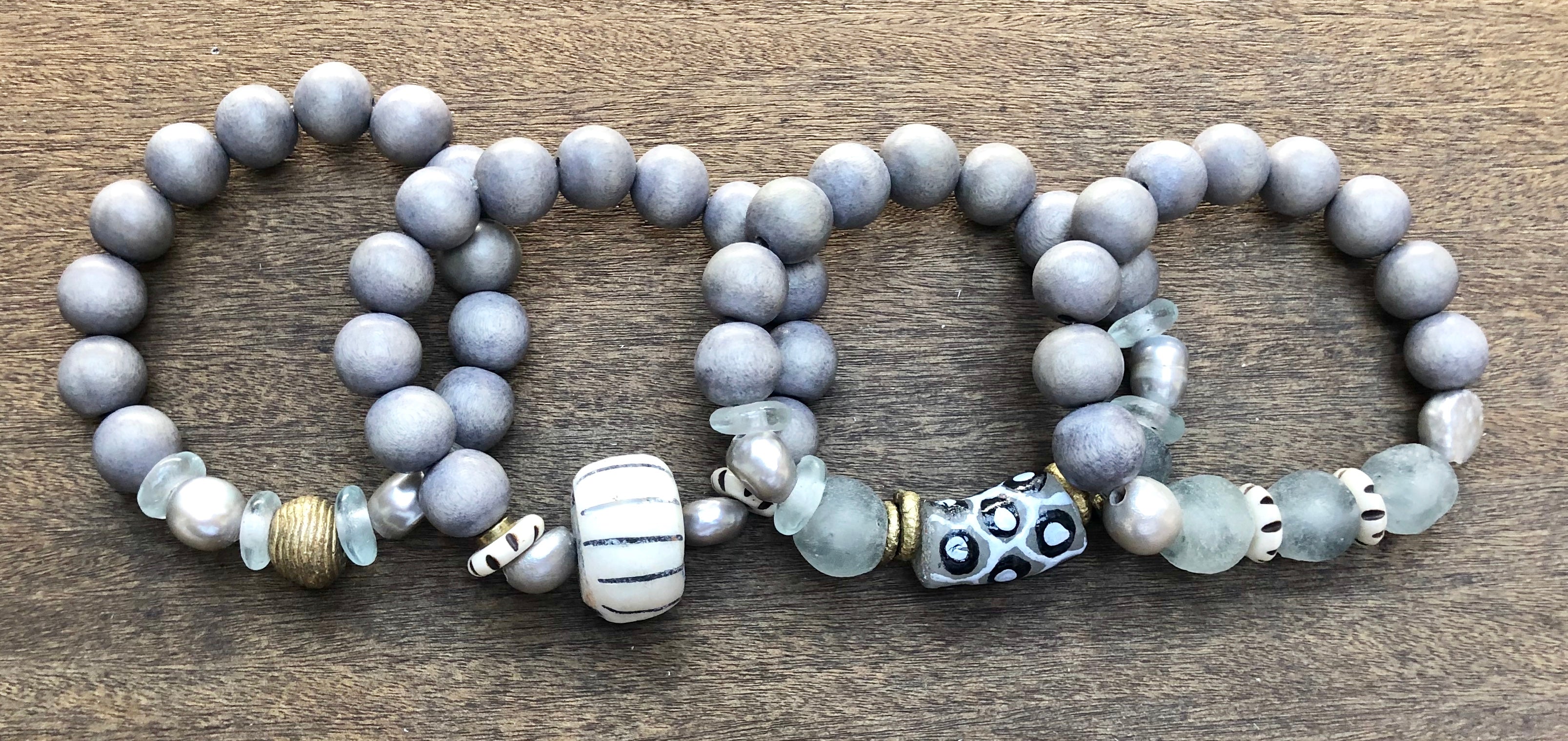 grey wood, silver freshwater baroque pearl and african trade bead bracelet