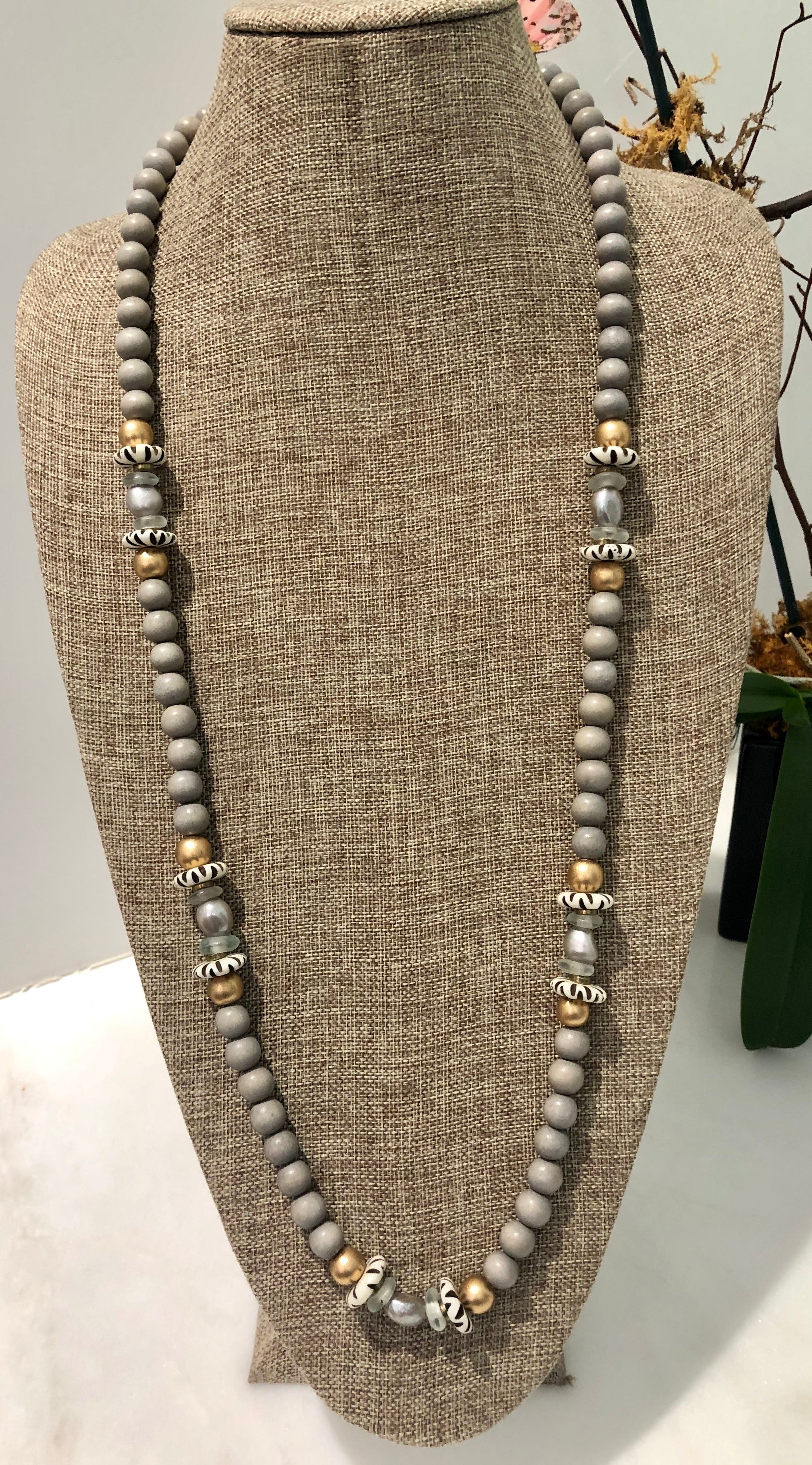 silver freshwater baroque pearl, grey wood, and african trade bead necklace