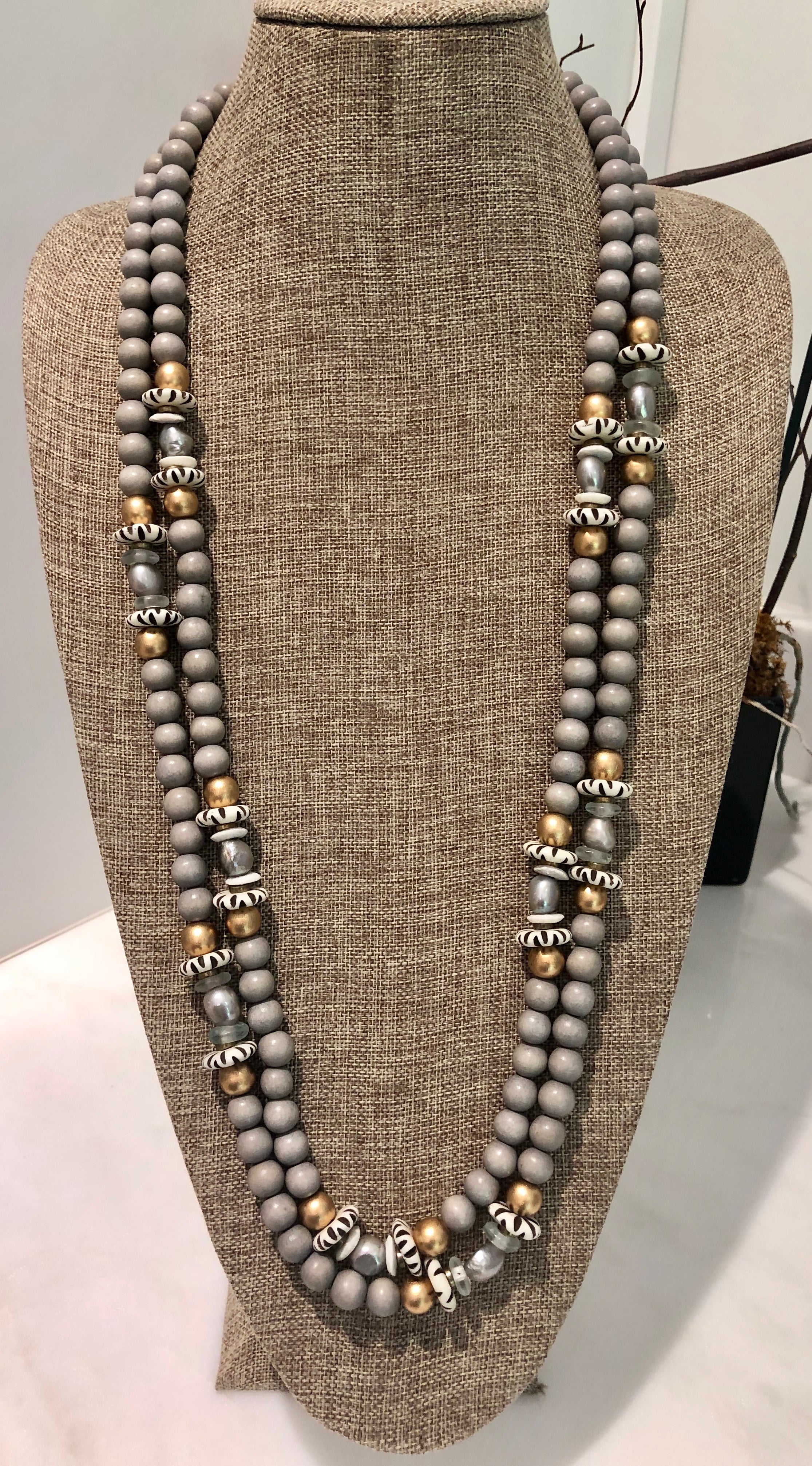 silver freshwater baroque pearl, grey wood, and african trade bead mask chain and necklace