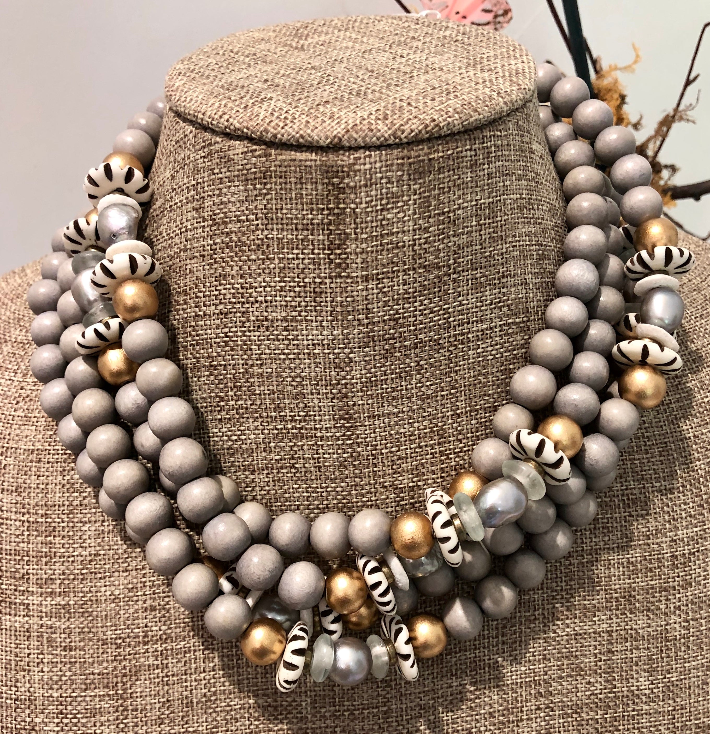silver freshwater baroque pearl, grey wood, and african trade bead mask chain and necklace