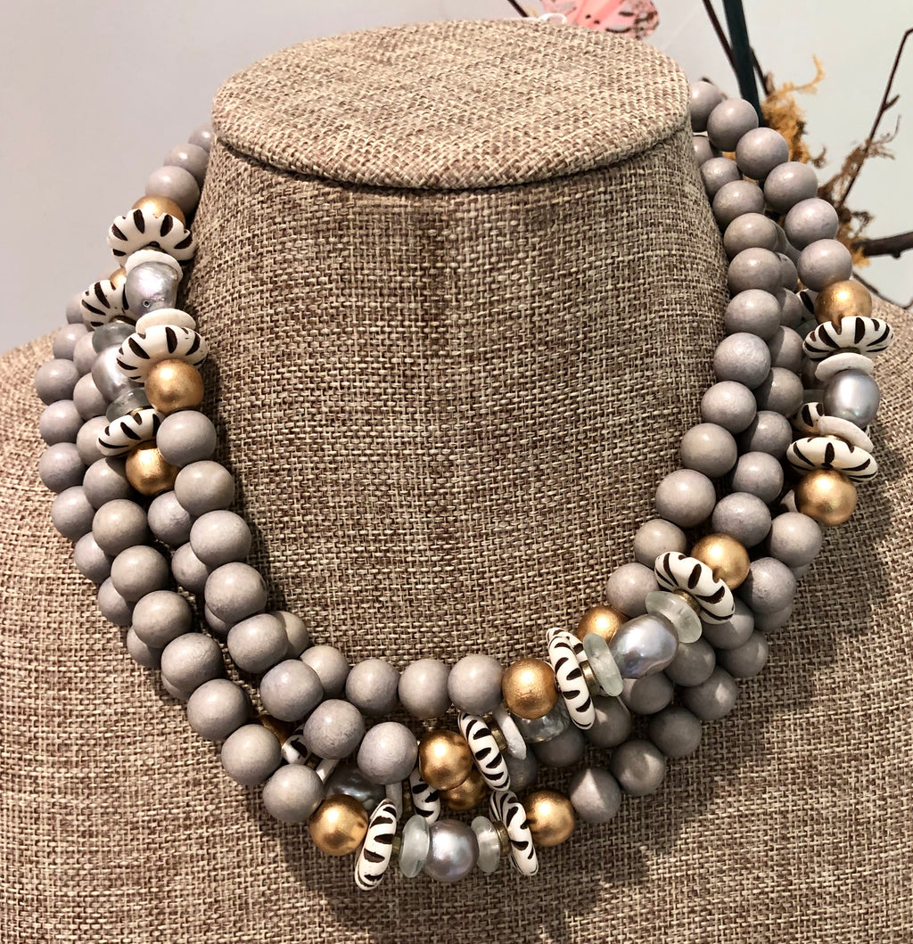 silver freshwater baroque pearl, grey wood, and african trade bead necklace