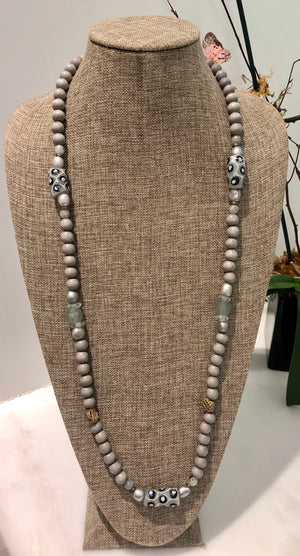 silver freshwater baroque pearl, grey wood, and painted african trade bead mask chain and necklace