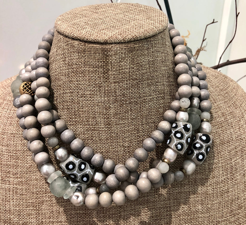 silver freshwater baroque pearl, grey wood, and painted african trade bead necklace