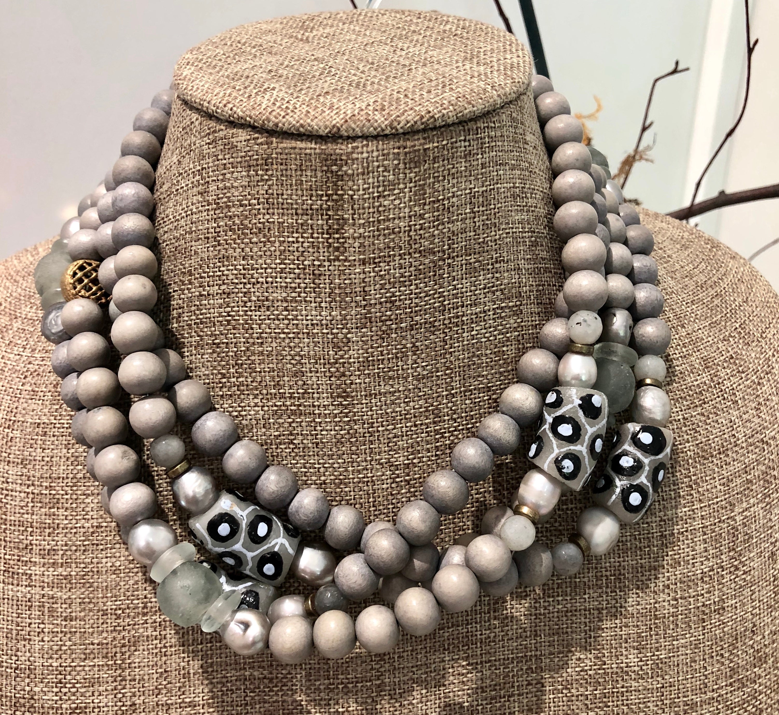 silver freshwater baroque pearl, grey wood, and painted african trade bead mask chain and necklace