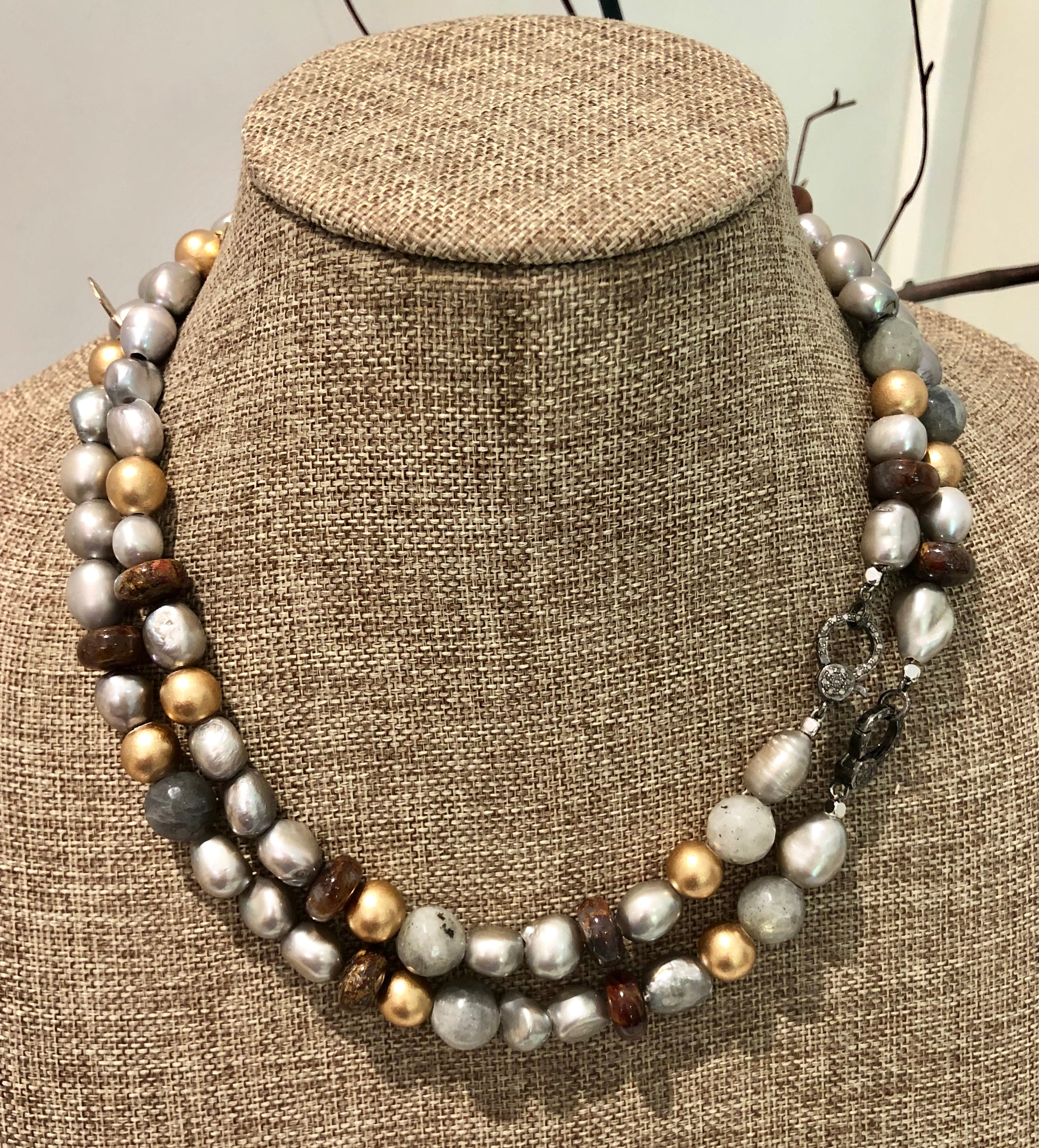 silver pearl with jasper and diamond necklace