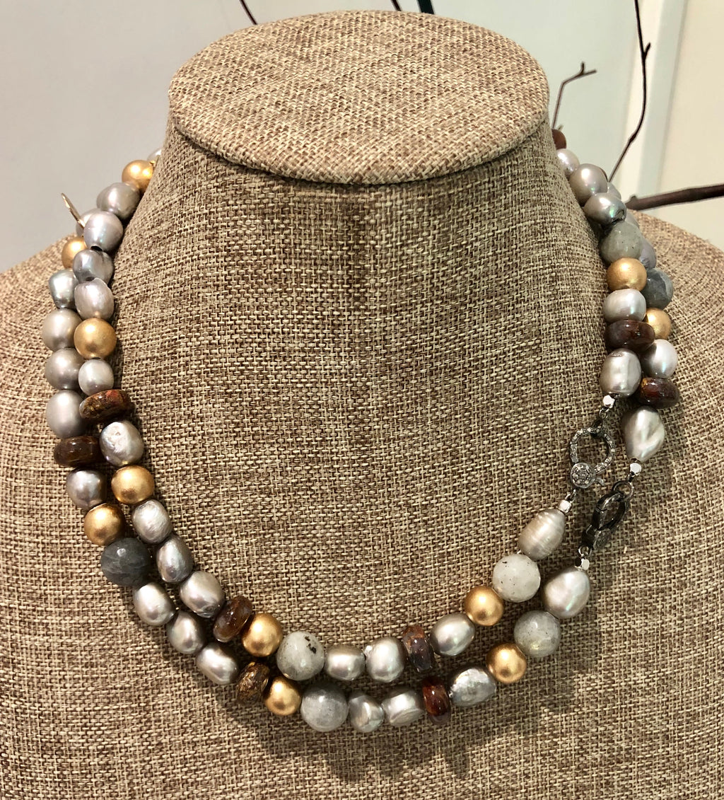 silver pearl with jasper and diamond necklace