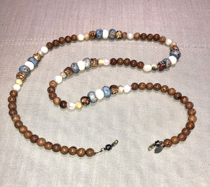 freshwater baroque pearl, wood, light blue bone and agate mask chain and necklace