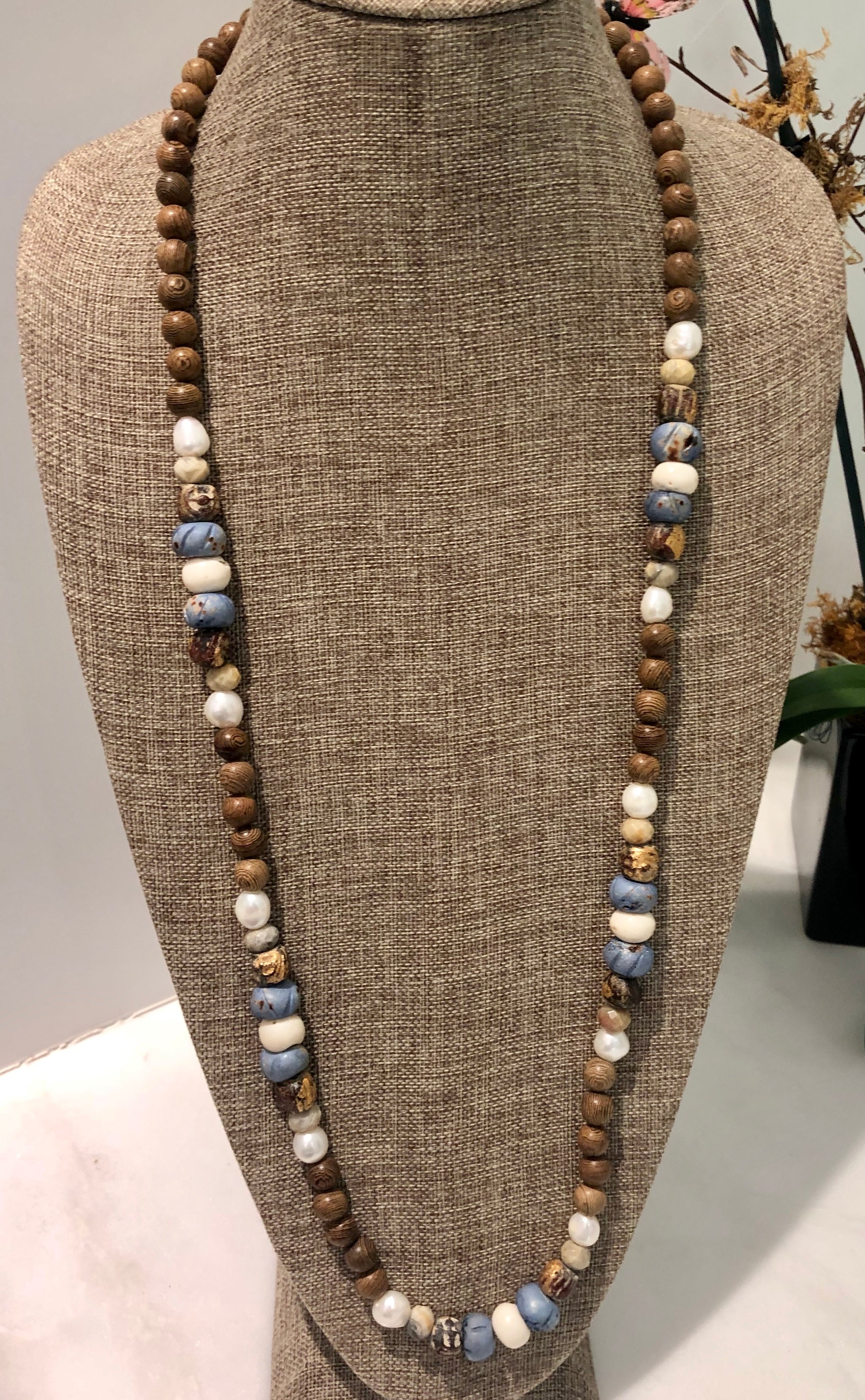 freshwater baroque pearl, wood, light blue bone and agate mask chain and necklace