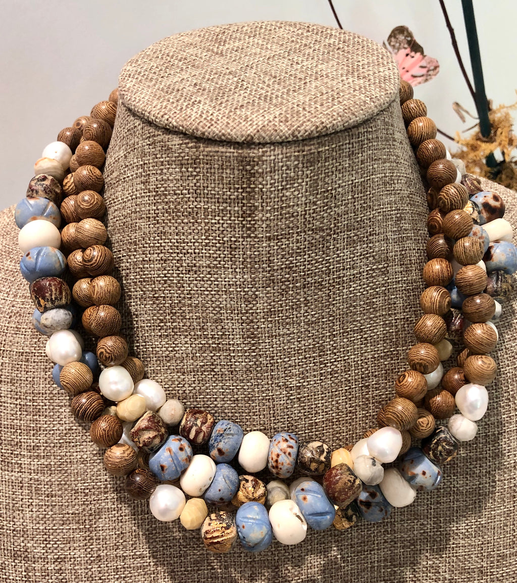 freshwater baroque pearl, wood, light blue bone and agate necklace