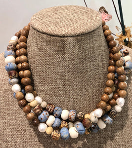 freshwater baroque pearl, wood, light blue bone and agate necklace