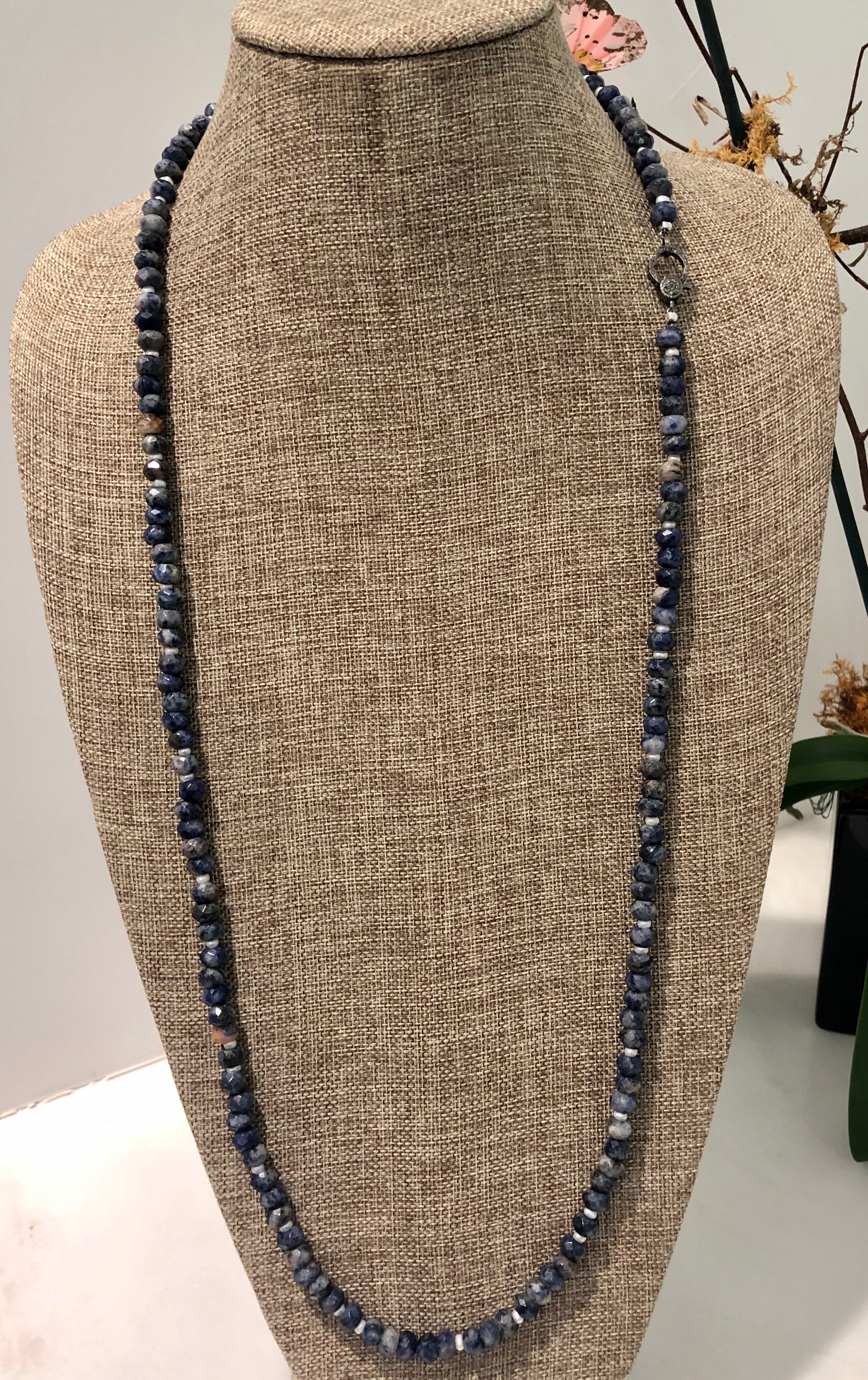 sodalite, pearl and pave diamond hook necklace