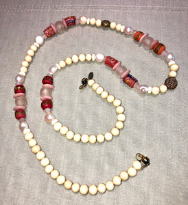 freshwater baroque pearl, wood, pink glass african bead and quartz mask chain and necklace