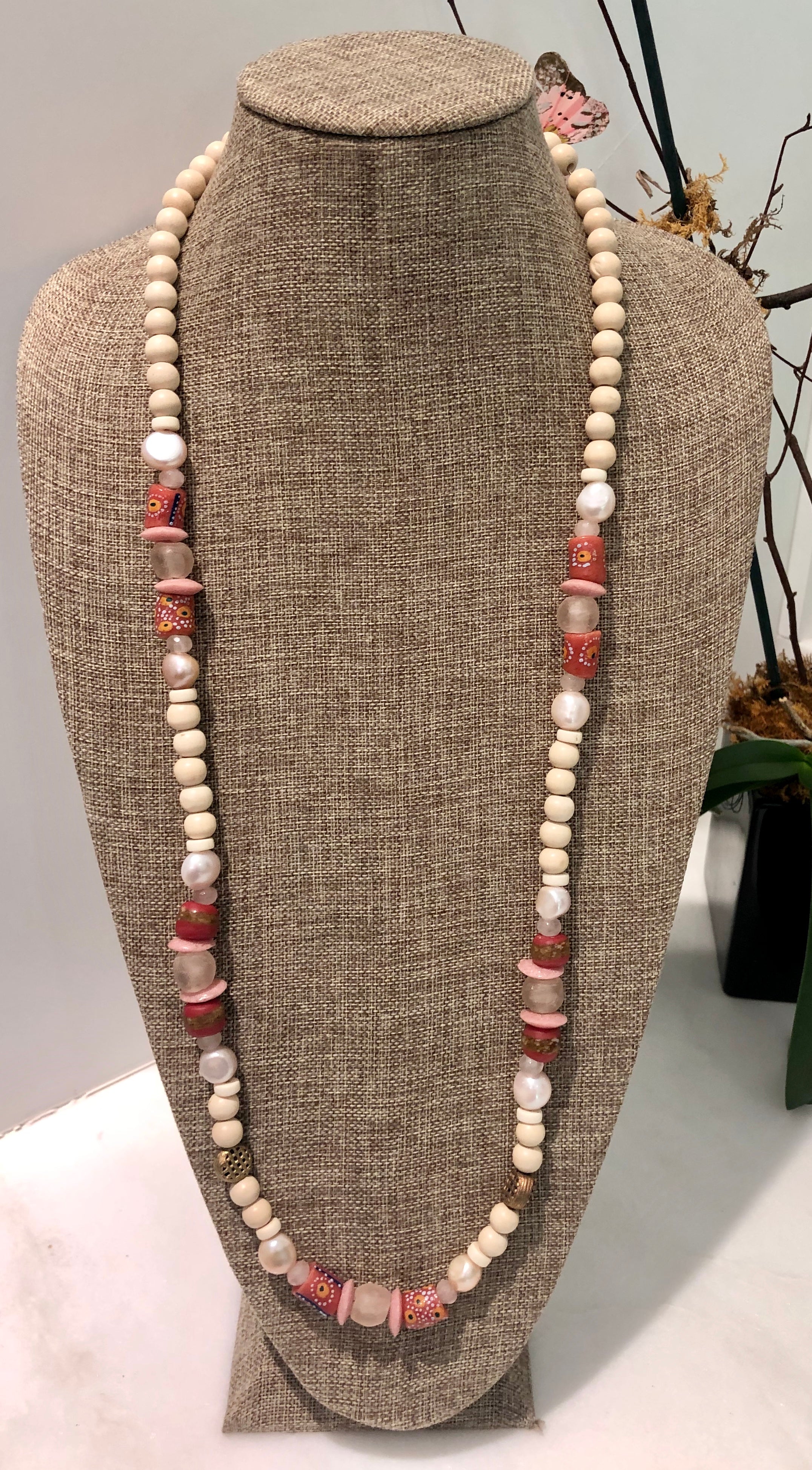 freshwater baroque pearl, wood, pink glass african bead and quartz mask chain and necklace