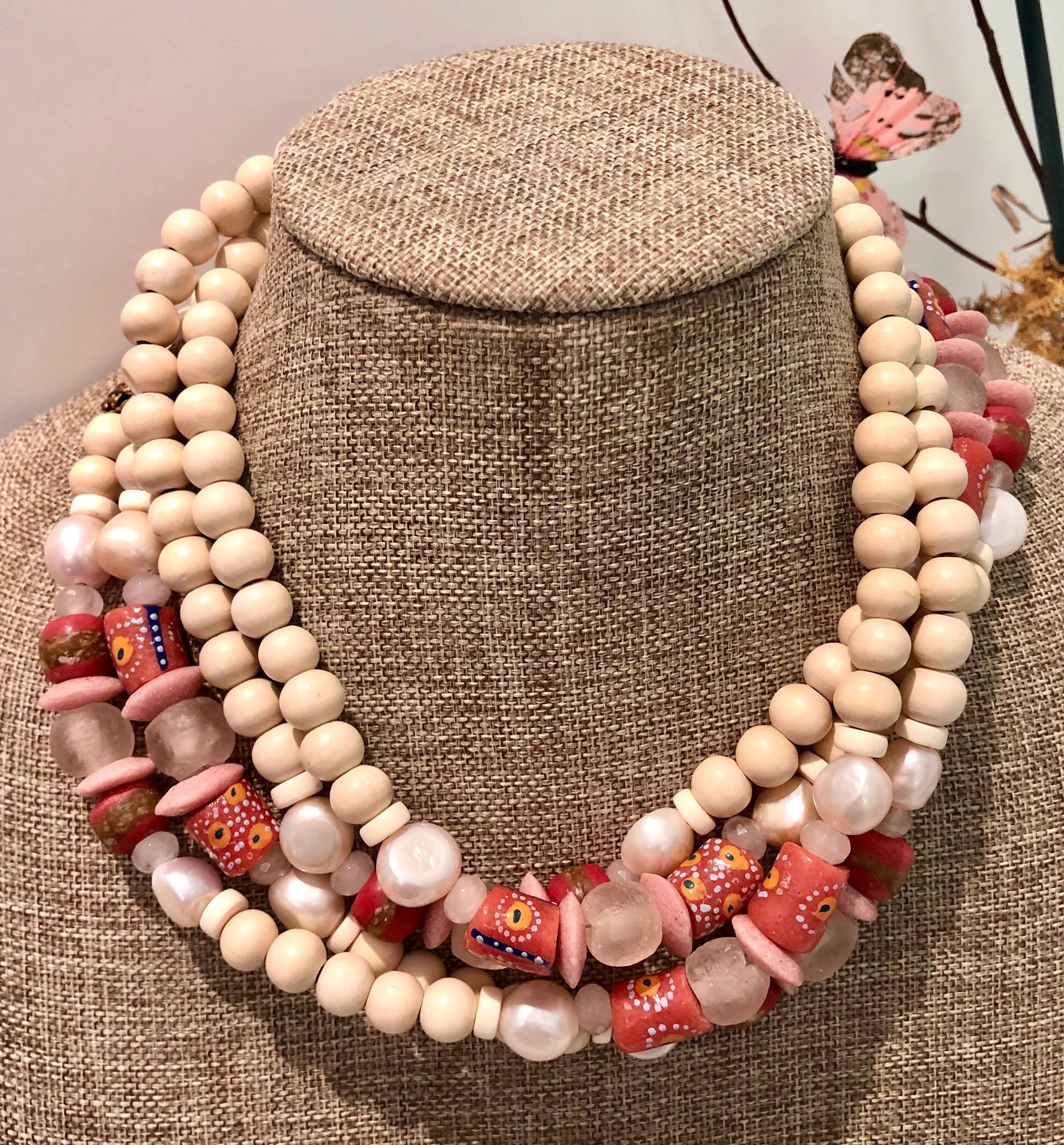 freshwater baroque pearl, wood, pink glass african bead and quartz necklace