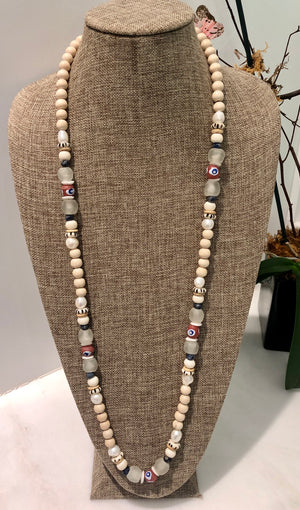 freshwater baroque pearl, wood, pink krobo african bead and sodalite necklace