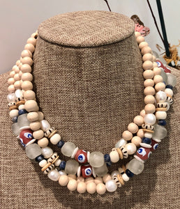 freshwater baroque pearl, wood, pink krobo african bead and sodalite necklace