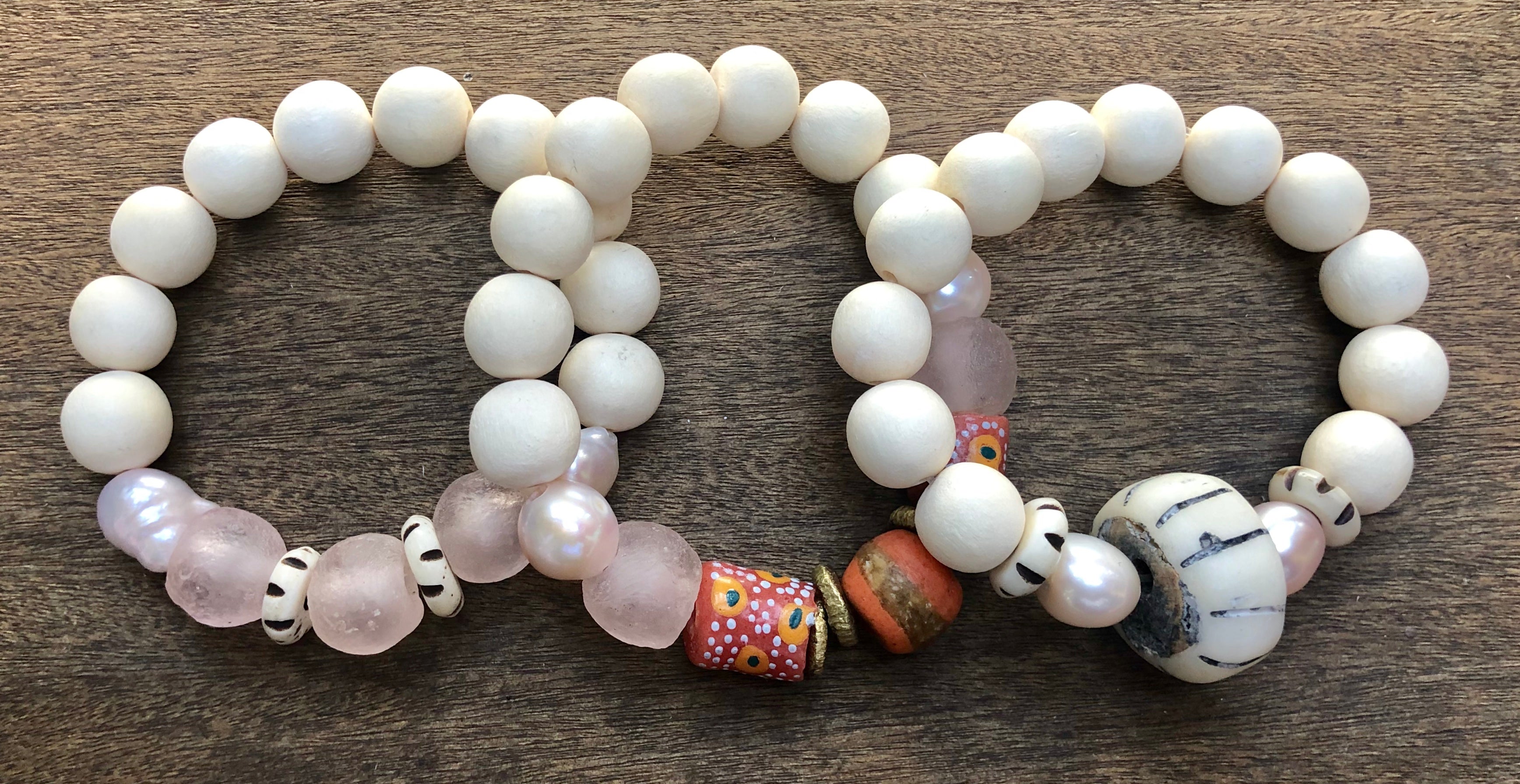 pink african trade bead, white wood, pink freshwater baroque pearl bracelet