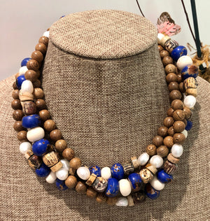 freshwater baroque pearl, wood, royal blue bone and sodalite mask chain and necklace