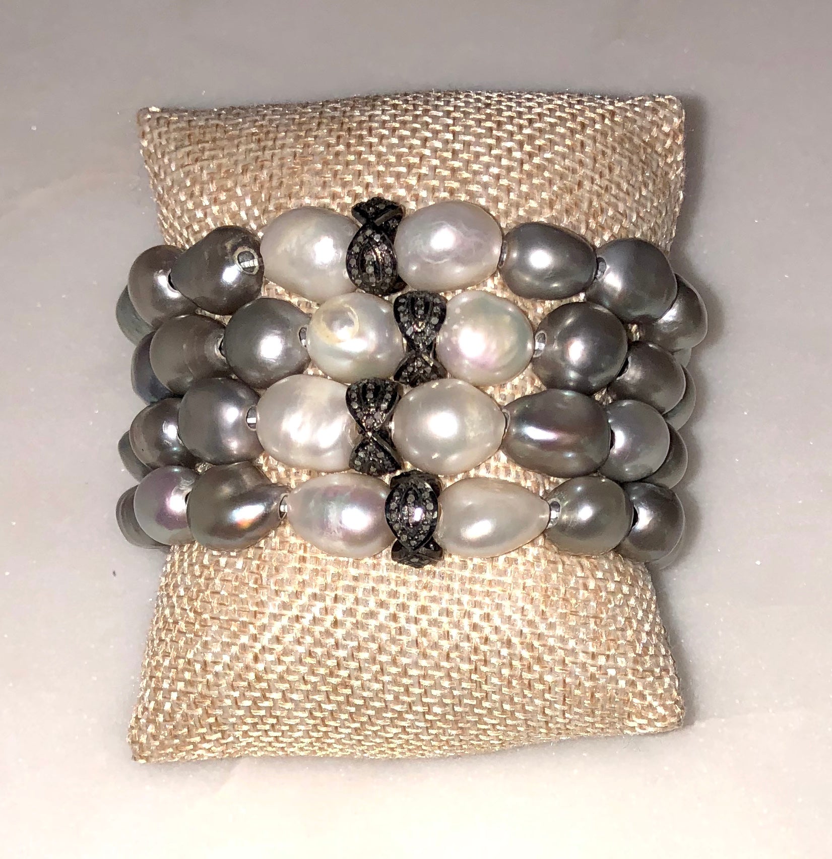 silver and white pearl diamond scalloped rondelle bracelet
