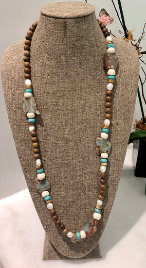 freshwater baroque pearl, wood, turquoise howlite and agate necklace