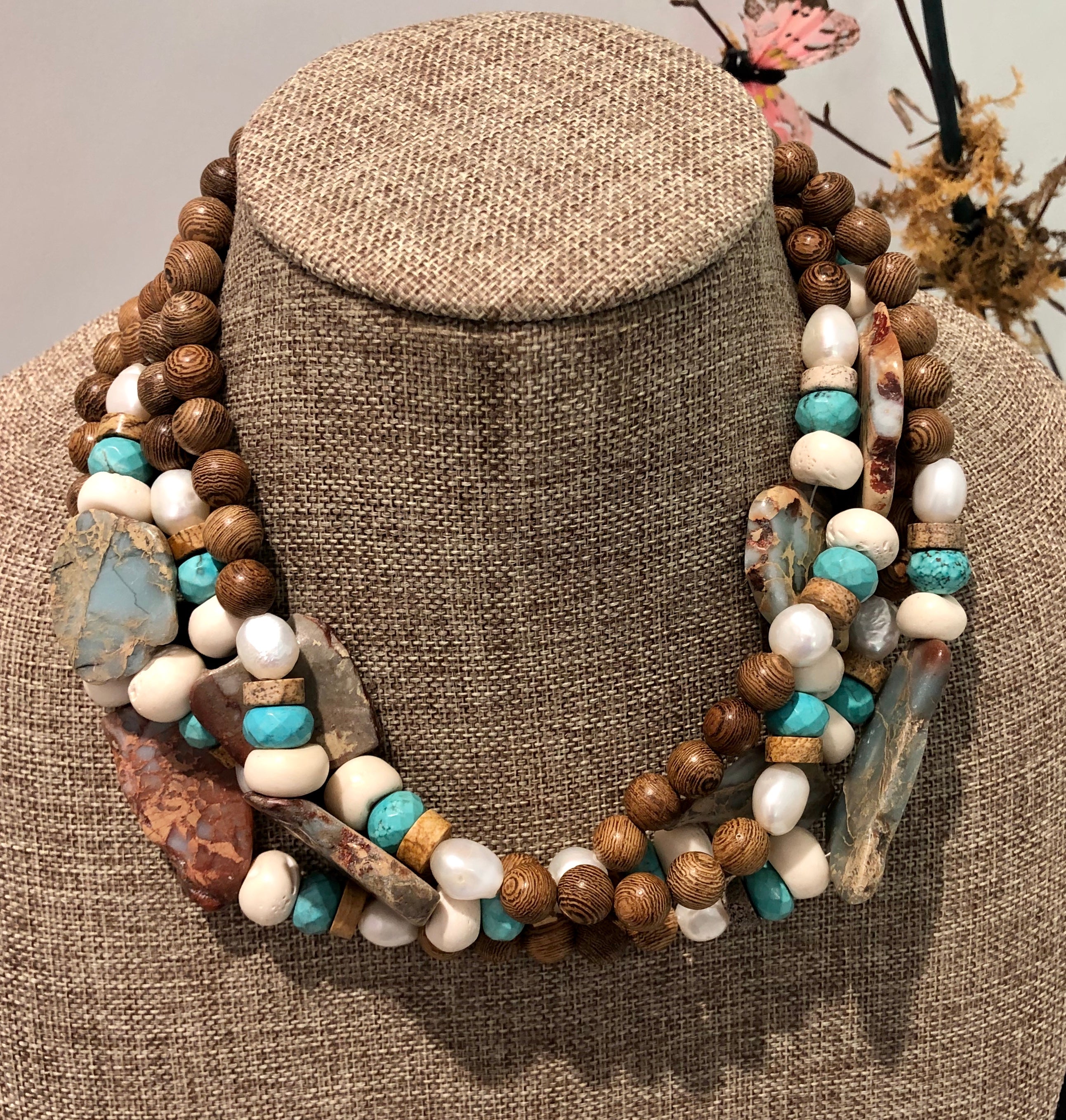 freshwater baroque pearl, wood, turquoise howlite and agate necklace