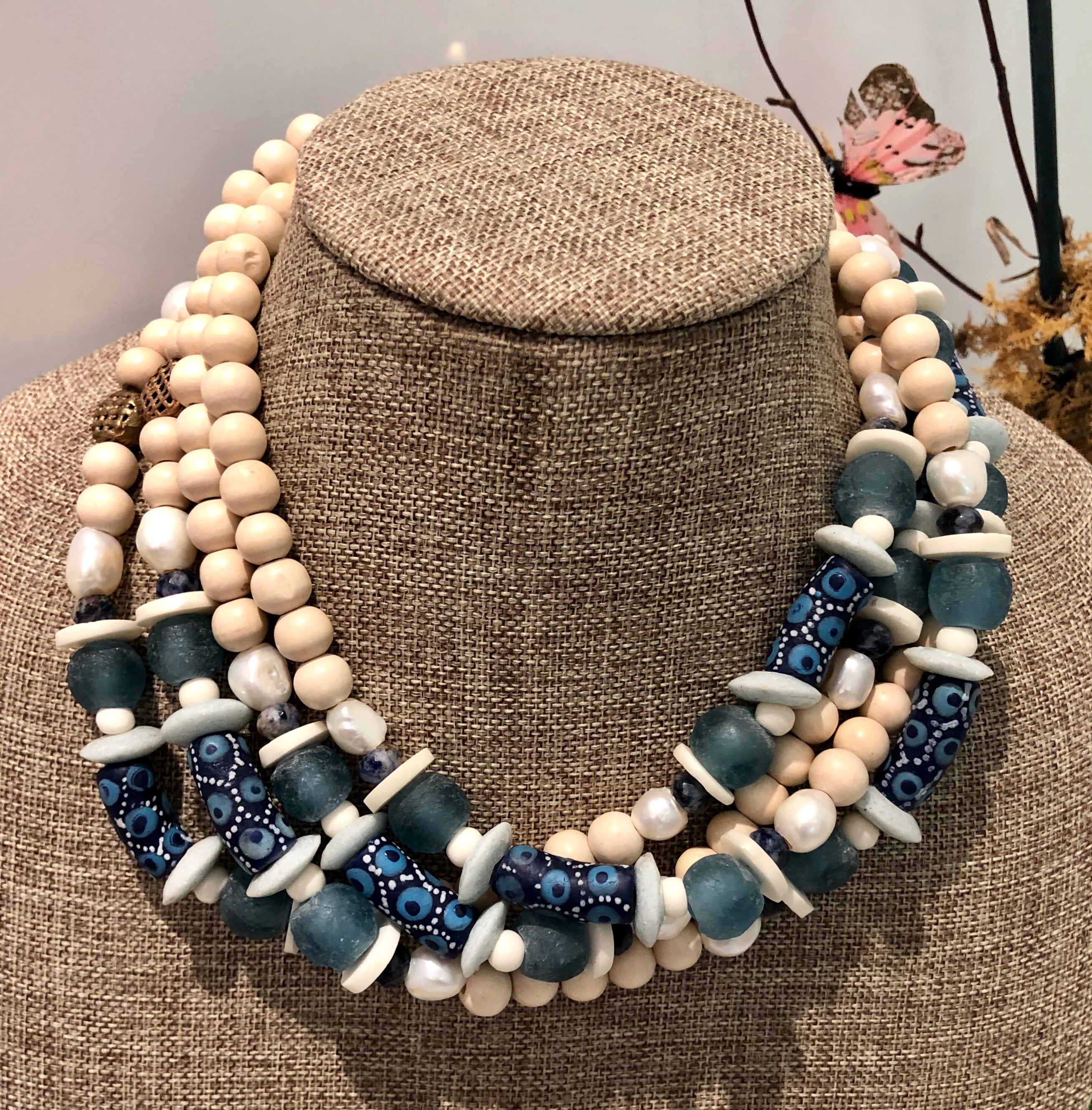 freshwater baroque pearl, wood, blue african bead and sodalite necklace