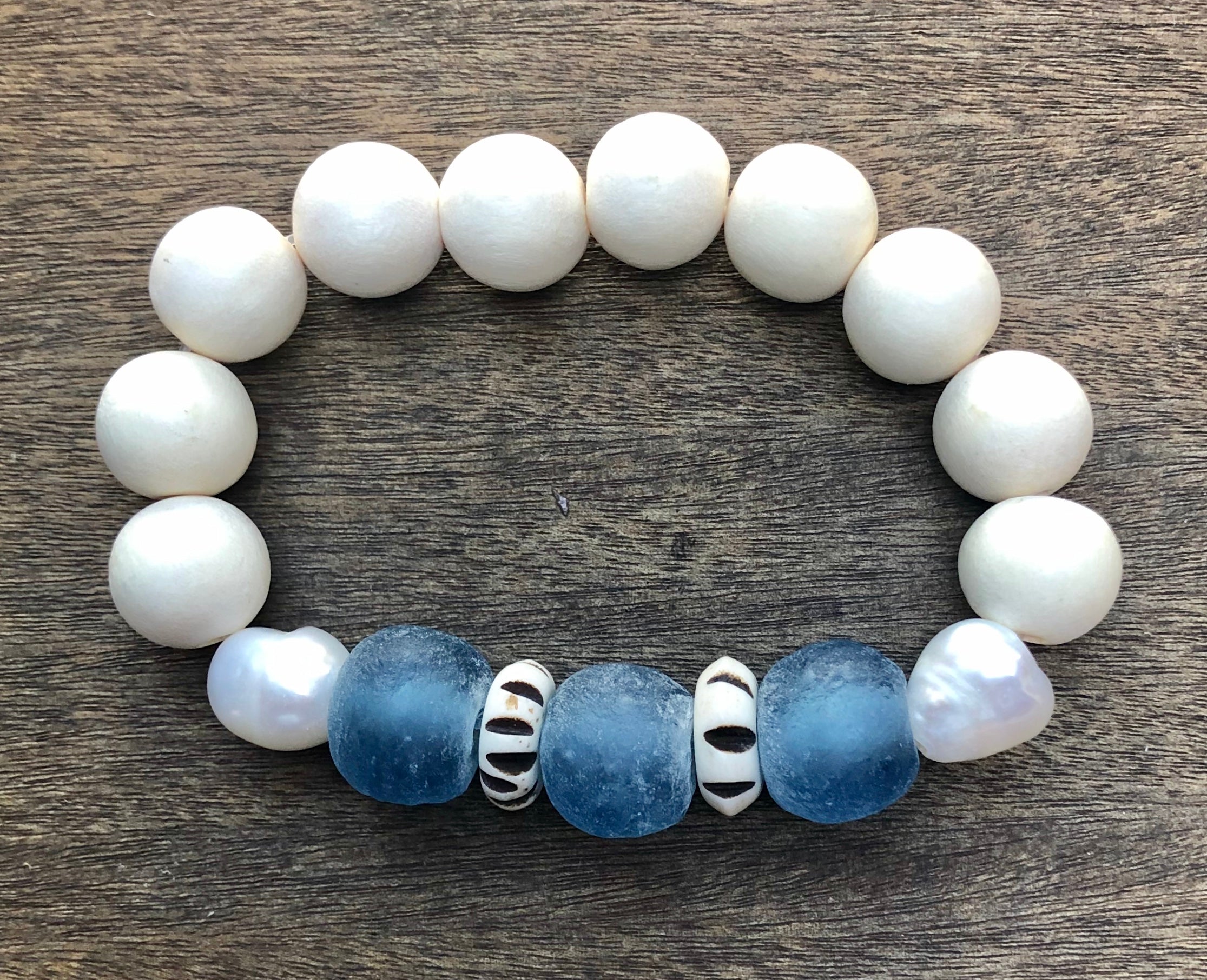 wedgwood african trade bead, white wood, and freshwater baroque pearl bracelet