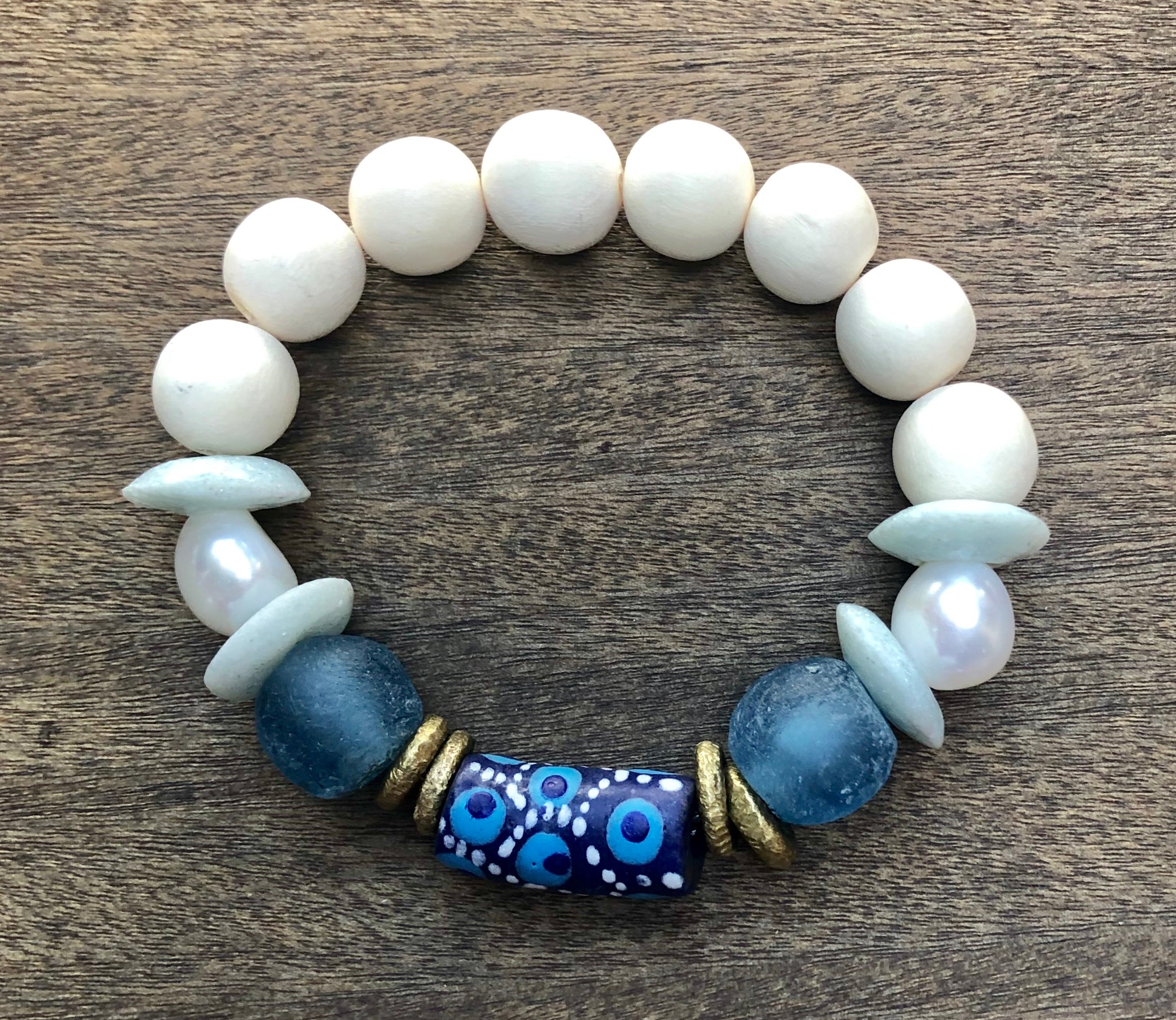 wedgwood african trade bead, white wood, and freshwater baroque pearl bracelet