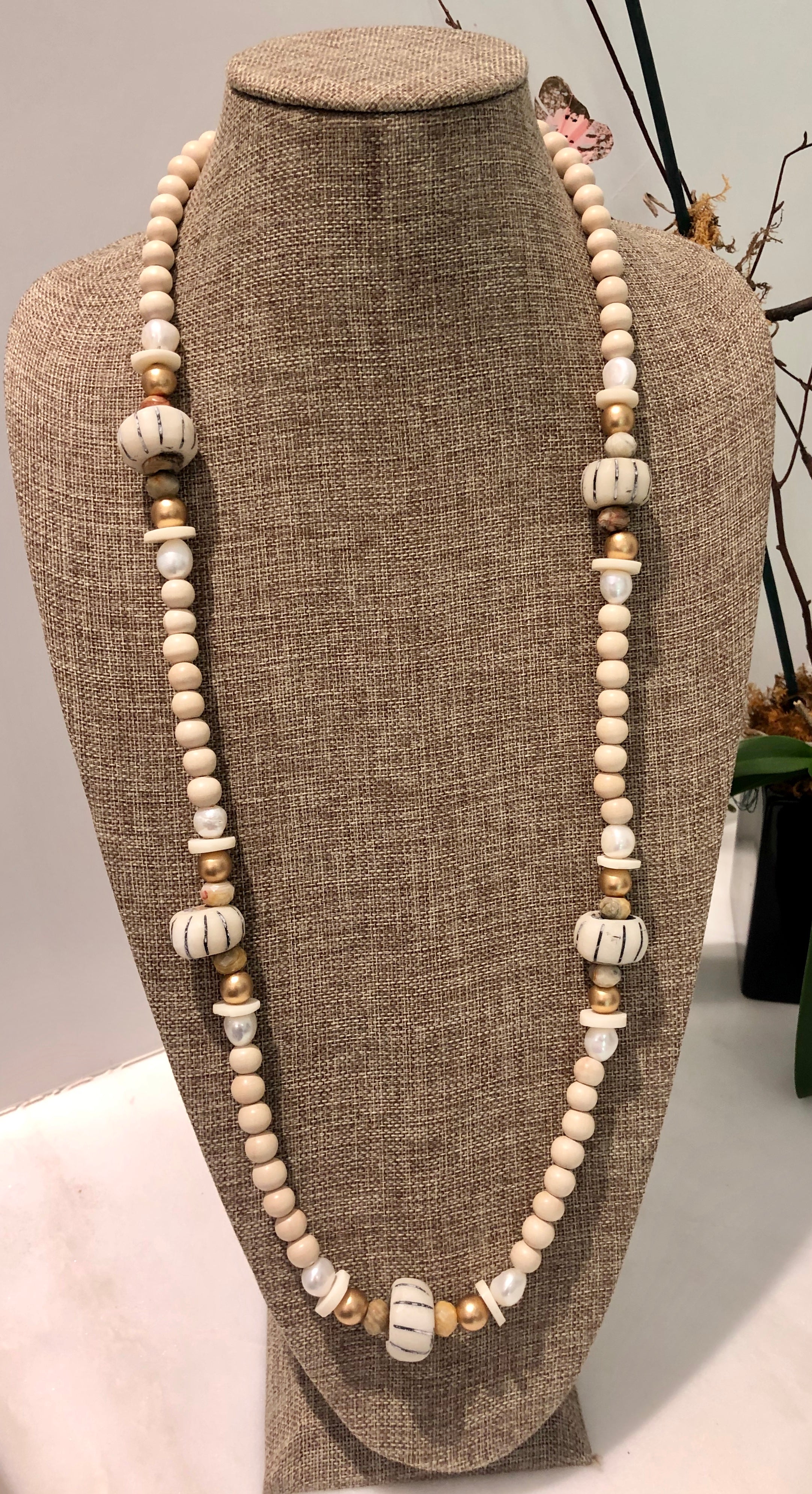 freshwater baroque pearl, wood, bone and agate necklace
