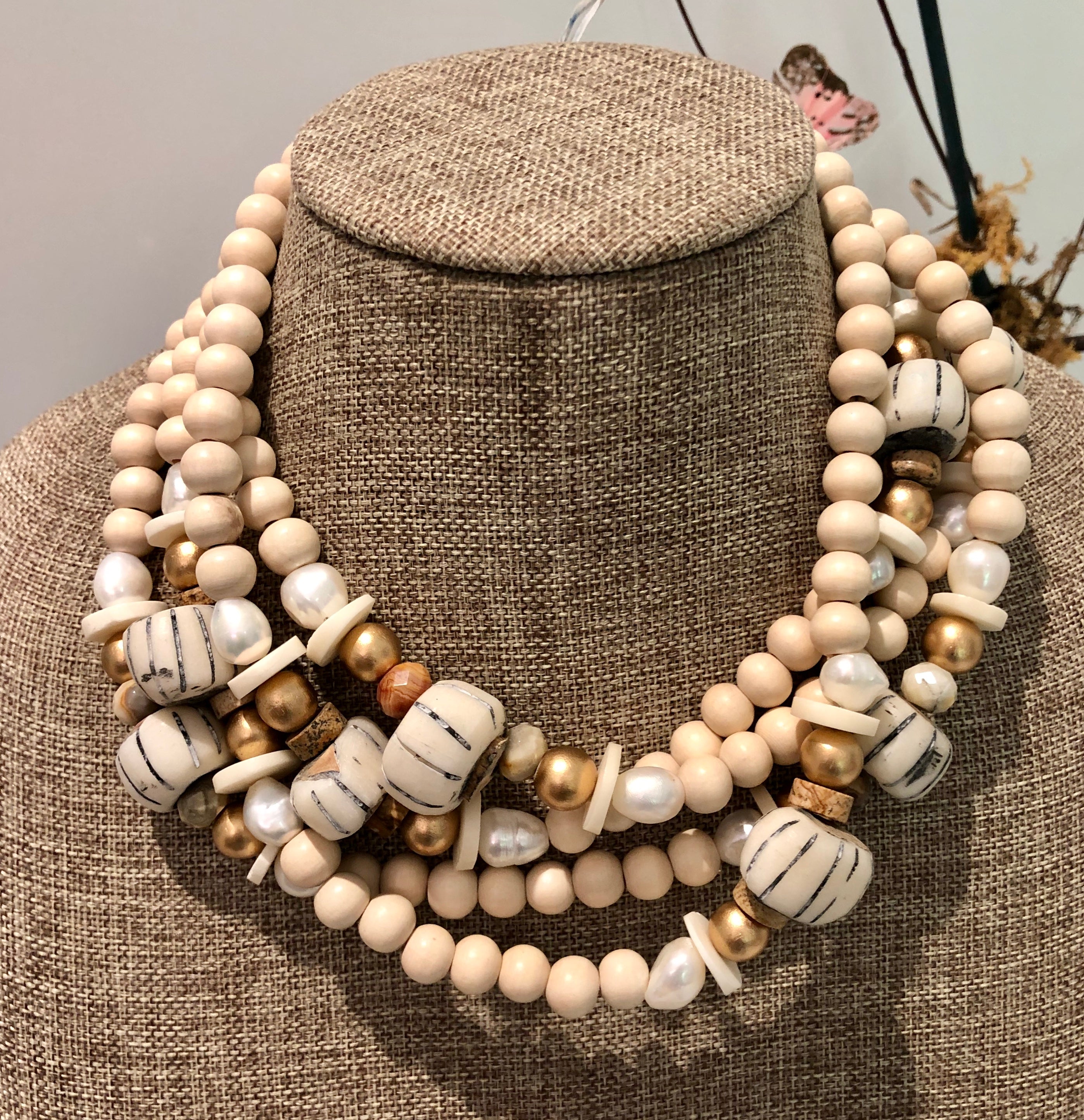 freshwater baroque pearl, wood, bone and agate mask chain and necklace