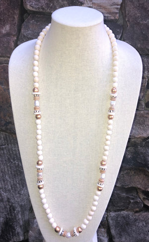 freshwater baroque pearl, white wood, and african trade bead mask chain and necklace