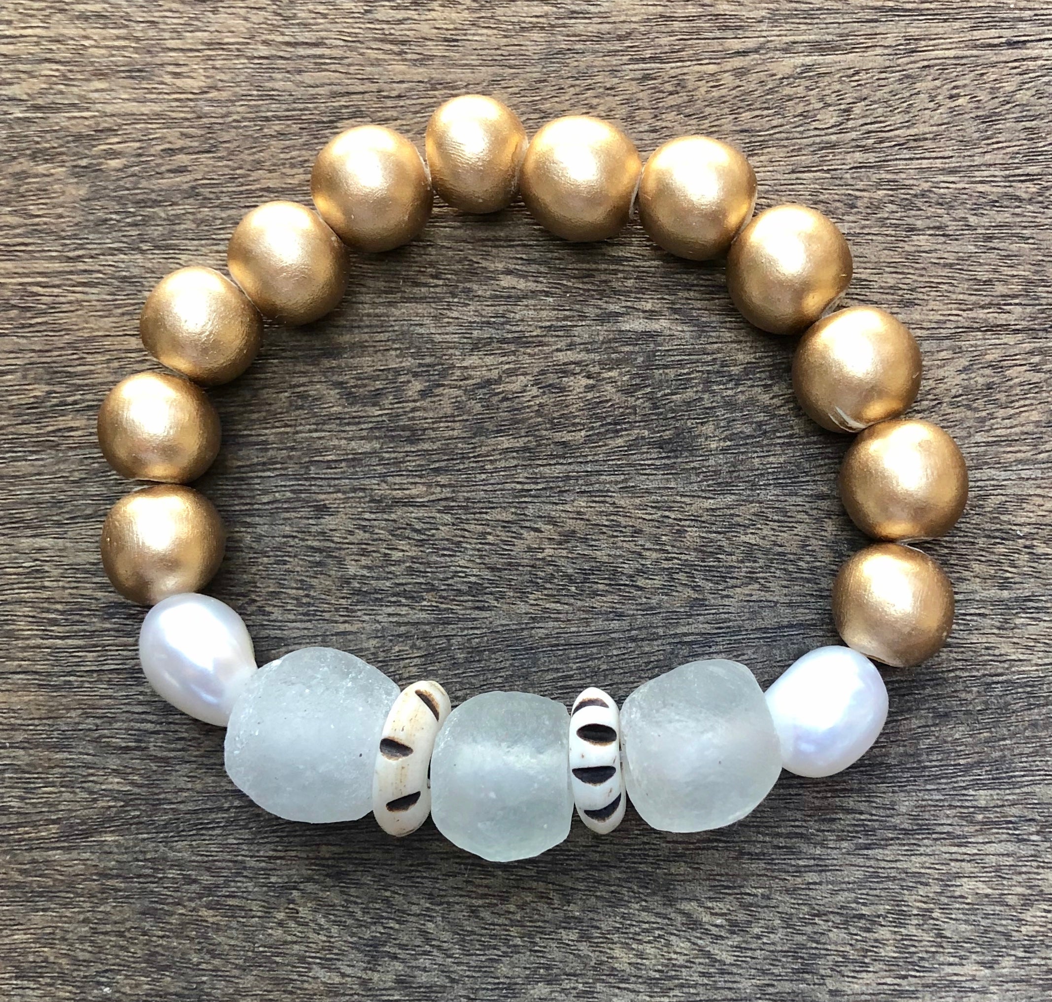 white african trade bead, white and gold wood, and freshwater baroque pearl bracelet