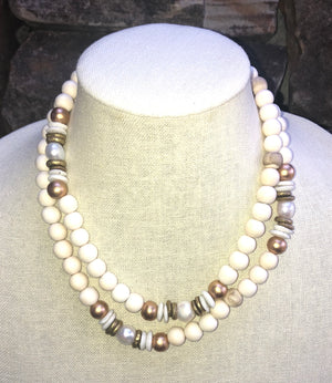 freshwater baroque pearl, white wood, and african trade bead necklace