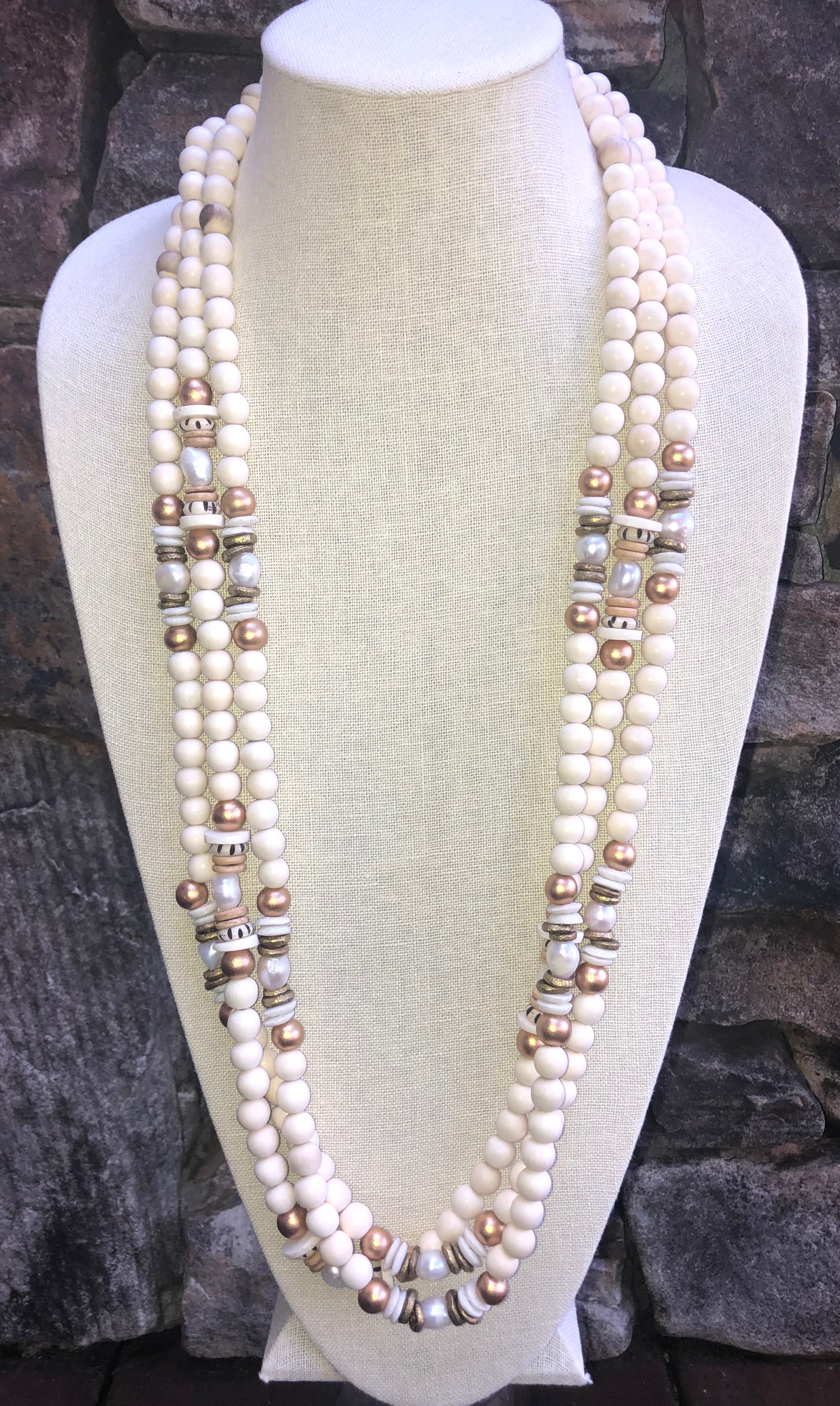 freshwater baroque pearl, white wood, and african trade bead necklace